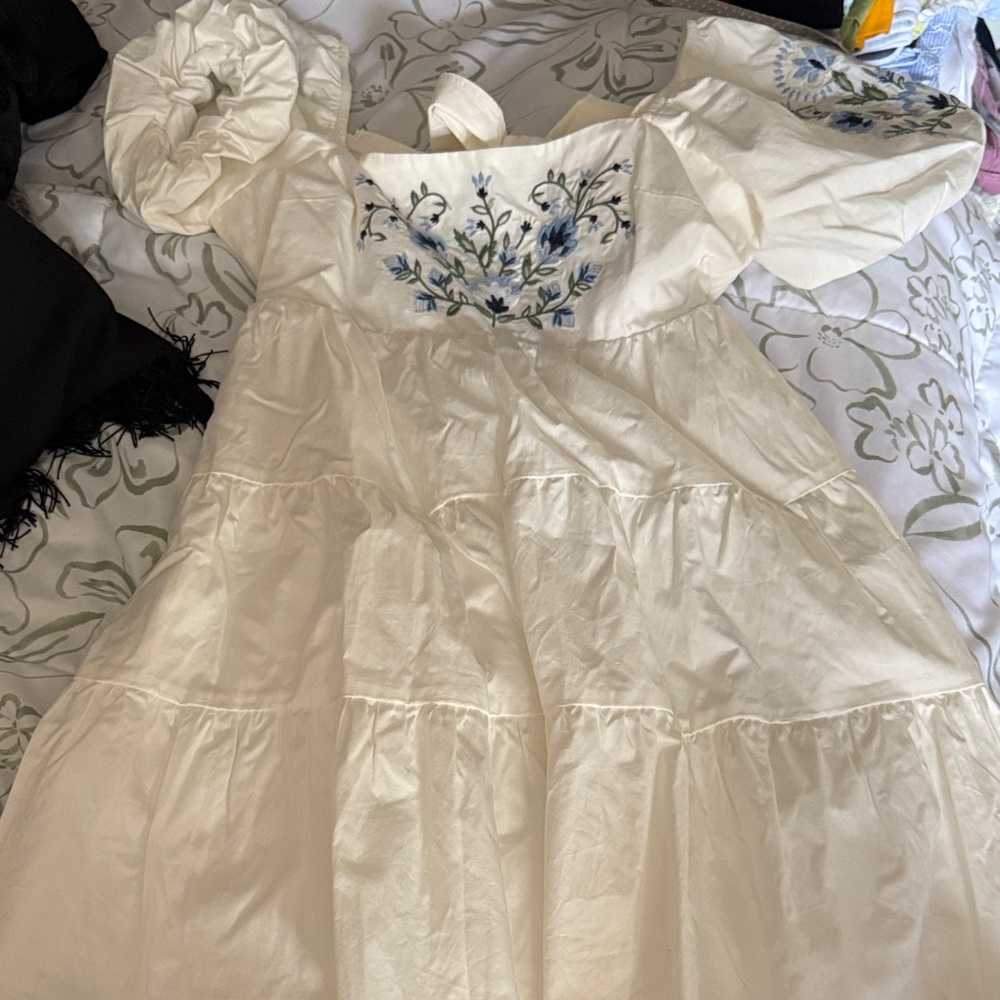 White Tiered Maxi Dress with Blue Floral Embroidery